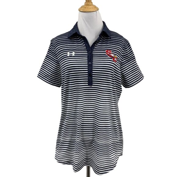 Under Armour Shirt Womens M Medium Dark Blue HeatGear Striped Performance Golf - Picture 1 of 9